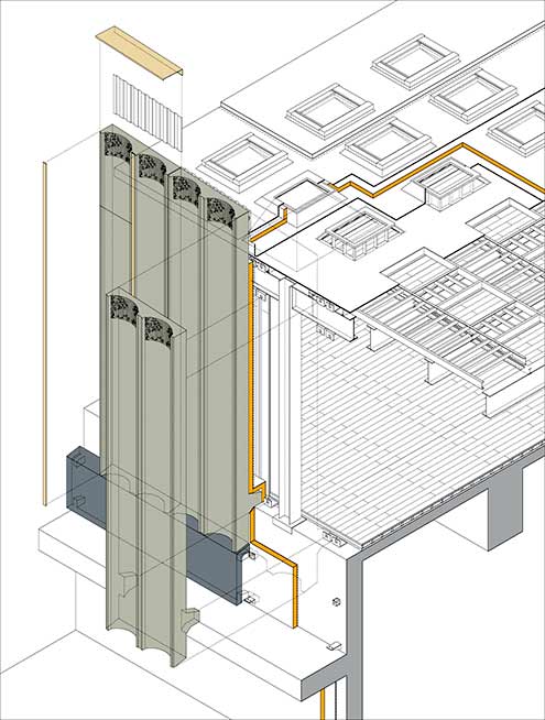 Axonometría constructiva con la fijación de los paneles de fachada y el detalle de los lucernarios de cubierta.